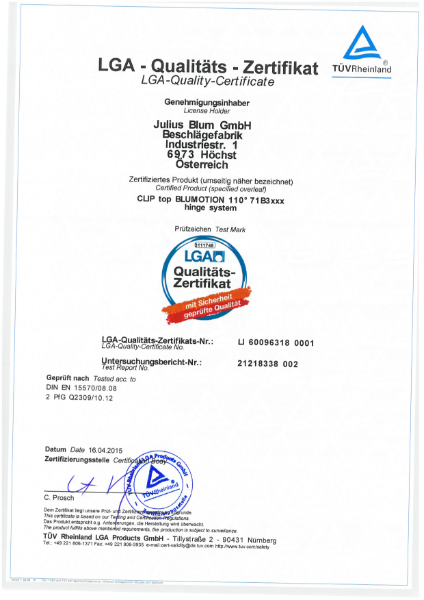 CLIP top BLUMOTION 110° 71B3xxx LGA-Certificate