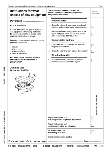 Timberplay Balancing Equipment - Jumping Disc - Maintenance Instructions