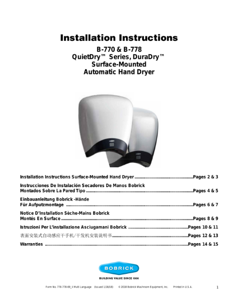 Installation Instructions B-770 & B-778 QuietDry™ Series, DuraDry™ Surface-Mounted Automatic Hand Dryer