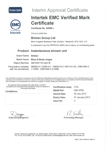 Intertek EMC Mark Certificate 20548 | Bristan Group | NBS Source