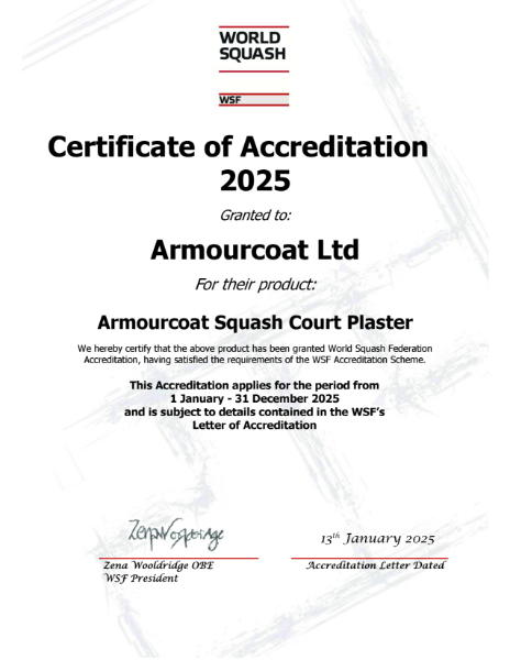 Armourcoat Squash Court Plaster - World Squash Federation Accreditation