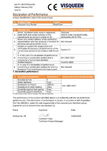 Gas CE Visqueen Gas Barrier Declaration of Performance