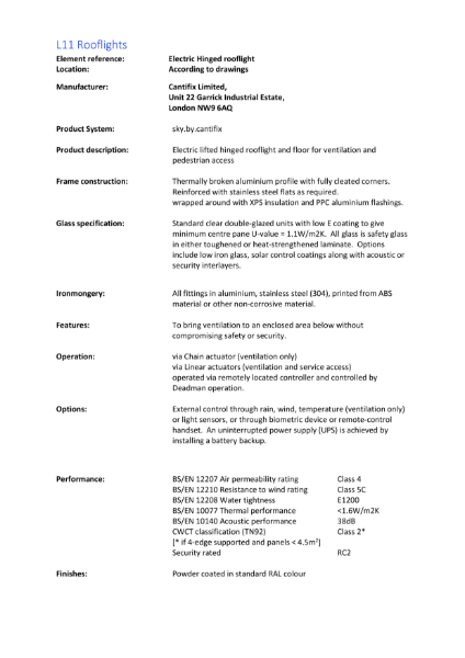 L11 Rooflights Hinge Electric - summary specification brochure