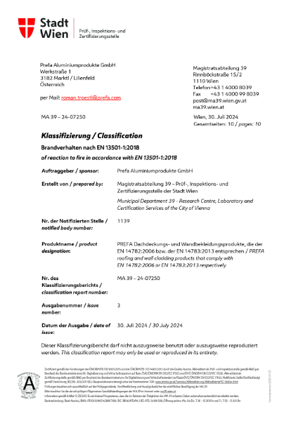 PREFA Fire Classification Report