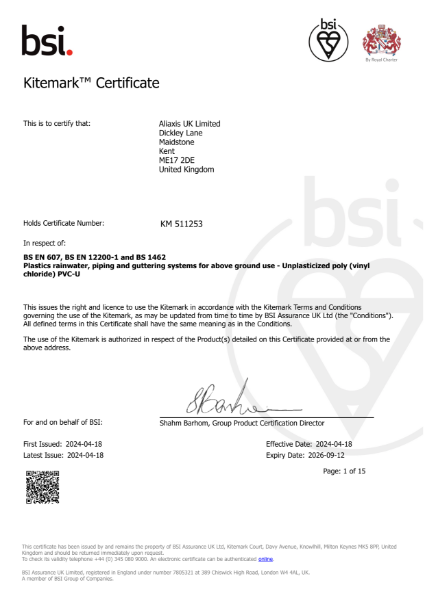 Kitemark KM511253 - BS EN 607, BS EN 12200-1 and BS EN 1462