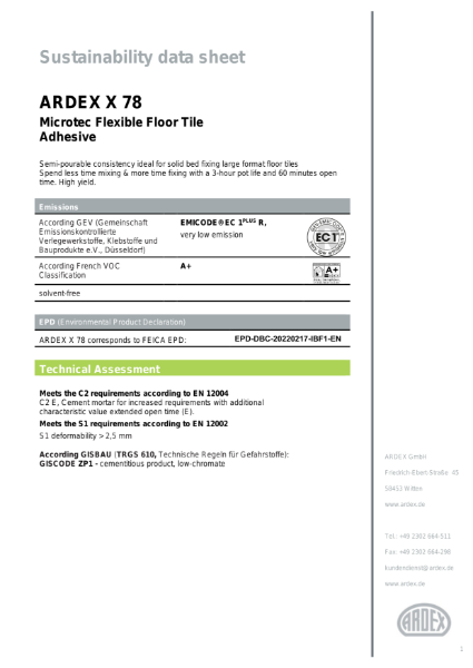 ARDEX X 78 Sustainability Data Sheet
