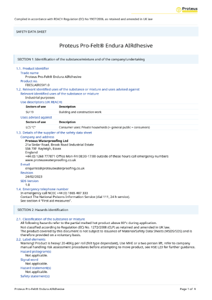 Material Safety Data Sheet - Proteus Pro-Felt® Endura AIRdhesive