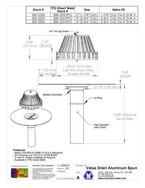 TECHNICAL DRAWING - SPUN ALUMINUM VALUE DRAIN