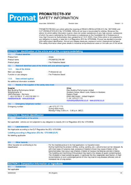 PROMATECT® -XW - High Performance Fire Protection Board - Safety Data Sheet