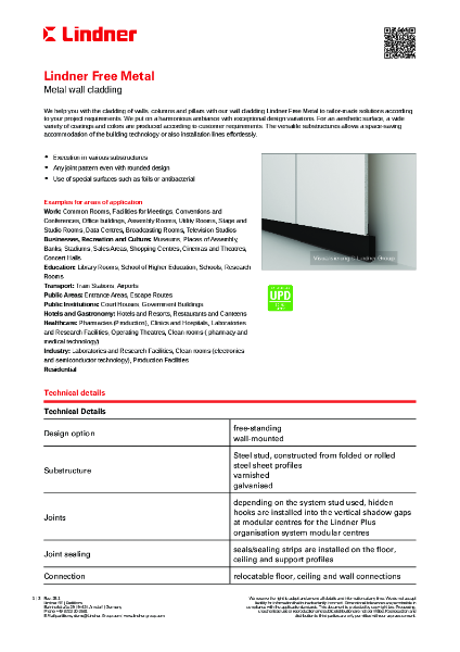 Lindner Free Metal - Data sheet