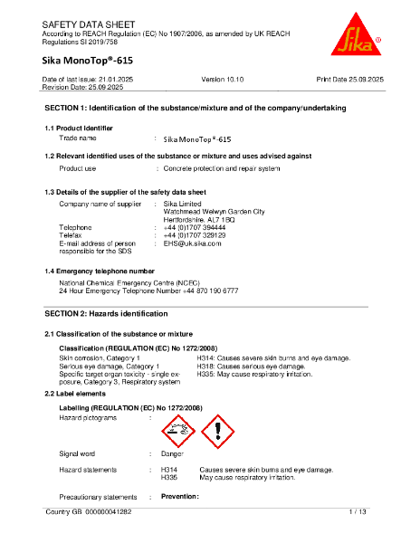 Sika MonoTop®-615 - MSDS