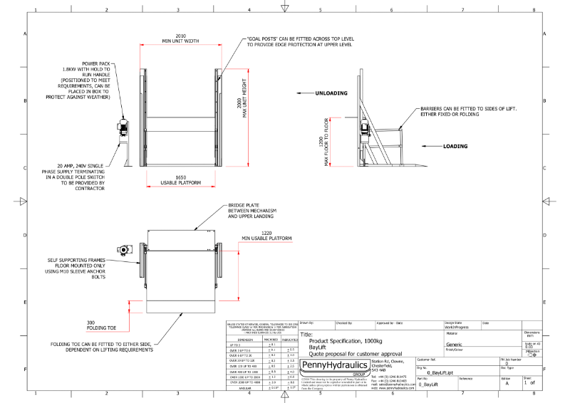 Bay Lift 1000kg Technical Data Sheet Penny Hydraulics Ltd NBS Source