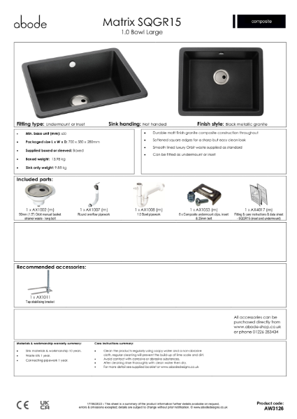 AW3126 (Black Metallic Granite. 1.0 Bowl Large, No Drainer) - Consumer Specification