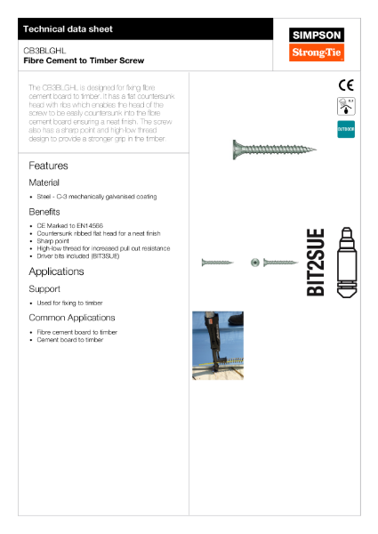CB3BLGHL: Fibre Cement to Timber Screw Technical Data Sheet