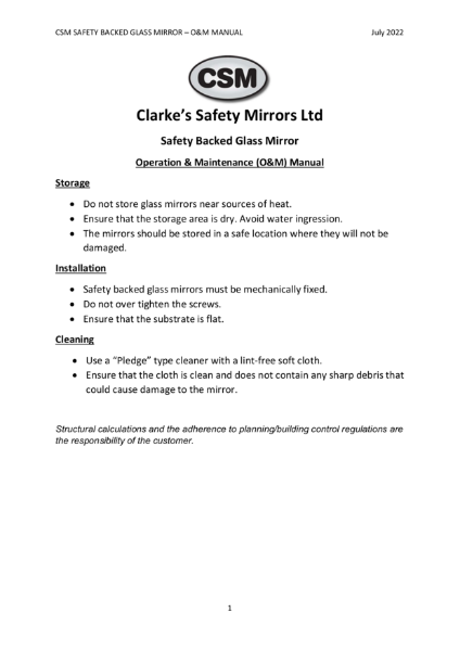 Safety Backed Glass Mirrors O&M Manual