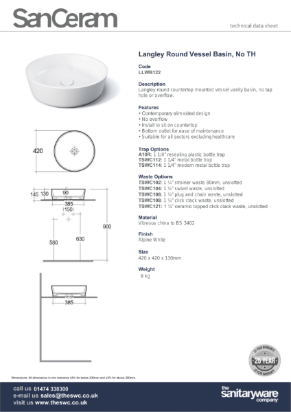 Langley Round Vessel Basin No TH - LLWB122