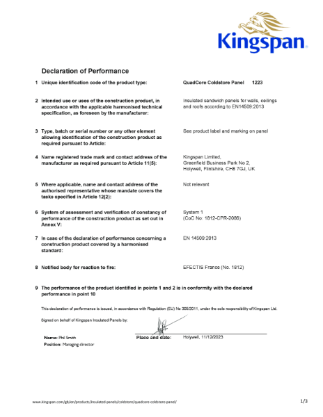 Declaration of Performance - QuadCore Coldstore Panel 1223