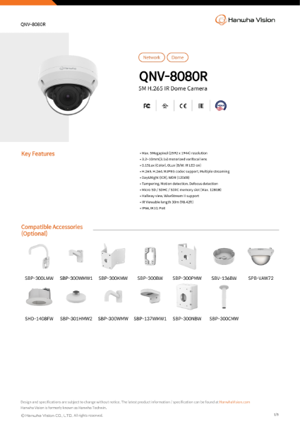 CCTV camera 5MP IR Outdoor Vandal Dome (QNV-8080R) data sheet