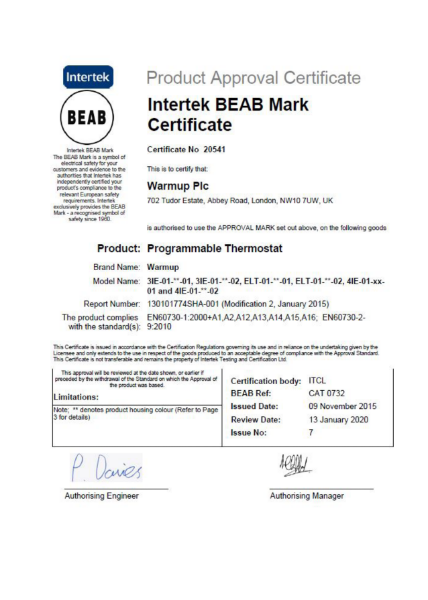 Intertek BEAB Mark Certificate (Programmable Termostat)