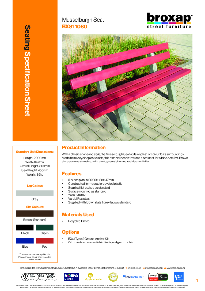Musselburgh Plastic Seat Specification Sheet
