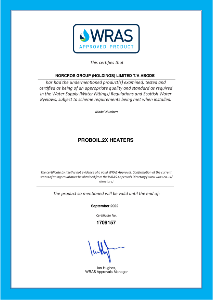 WRAS Approval Certificate - PROBOIL.2X Hot Water Tap Boiler 
