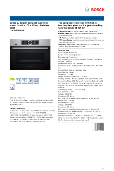 Series 8, Built-in compact oven with
steam function, 60 x 45 cm, Stainless
steel
CSG656BS7B