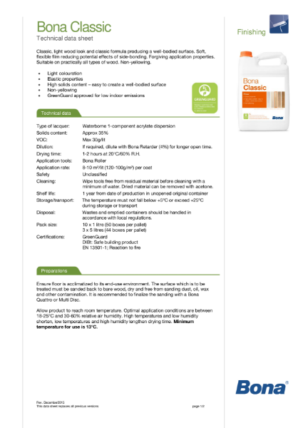 Bona Classic - Technical Data Sheet