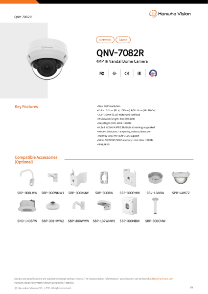 CCTV camera 4MP IR Vandal Dome (QNV-7082R) data sheet