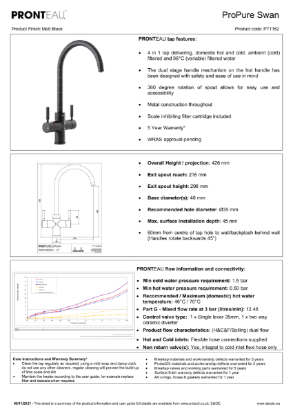 PT1152 PRONTEAU™ Propure 4 in 1 Tap (Matt Black) - Consumer Specification