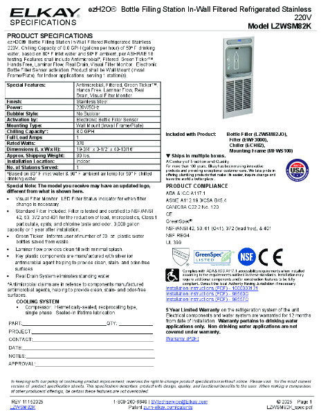 Elkay LZWSM82K Technical Data Sheet