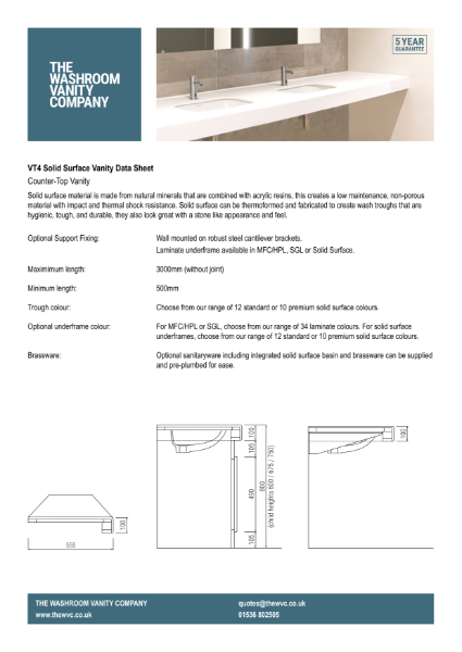 VT4 – Vanity Top for Inset and Countertop Basin, without Upstand