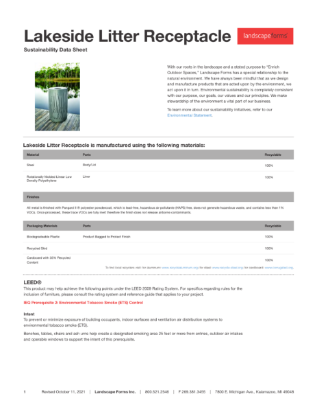 Landscape Forms - Lakeside Litter Bin Sustainability