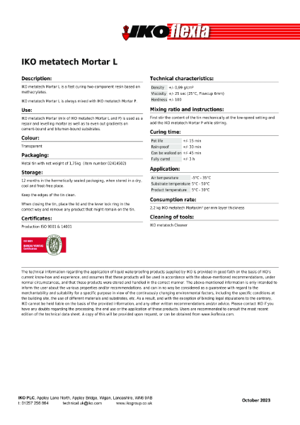 Technical Data Sheet (TDS) - IKO metatech Mortar L