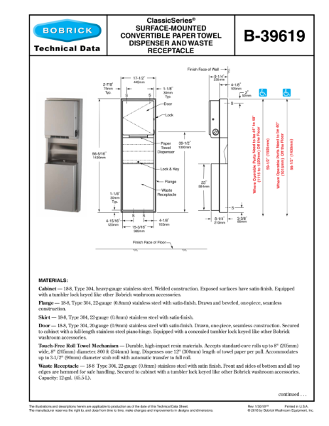 ClassicSeries® Surface-Mounted Convertible Paper Towel Dispenser and Waste Receptacle - B-39619