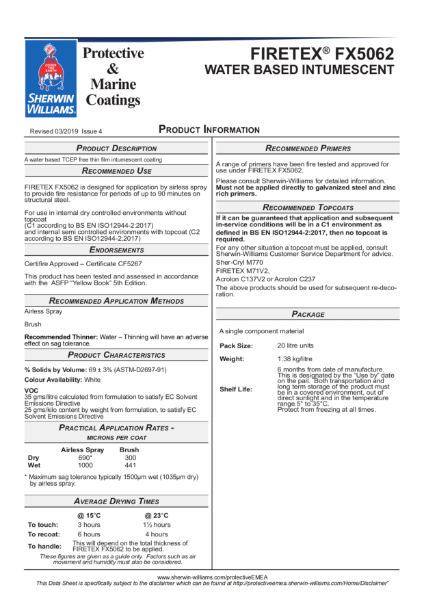 Steel Protection FIRETEX® FX5062 Product Data Sheet