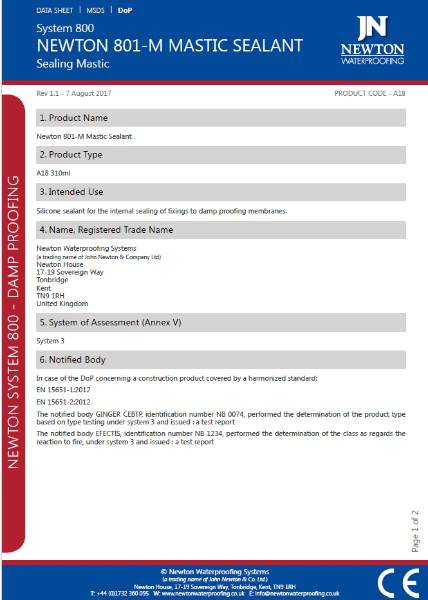 Newton Newtonite 801 Sealing Mastic - Declaration of Performance