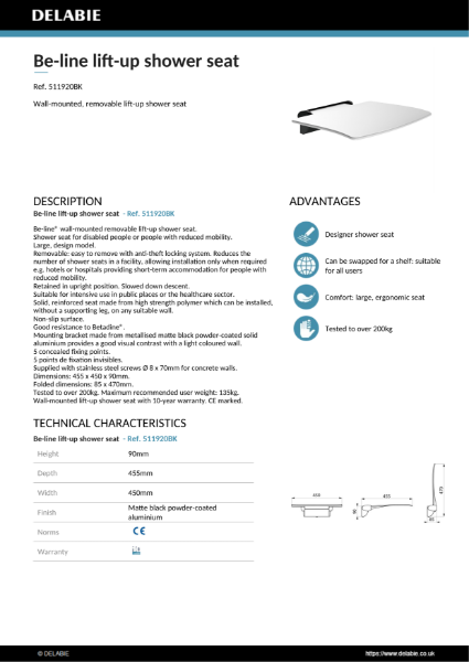 Be-Line® Shower Seat - Matte Black Product Data Sheet