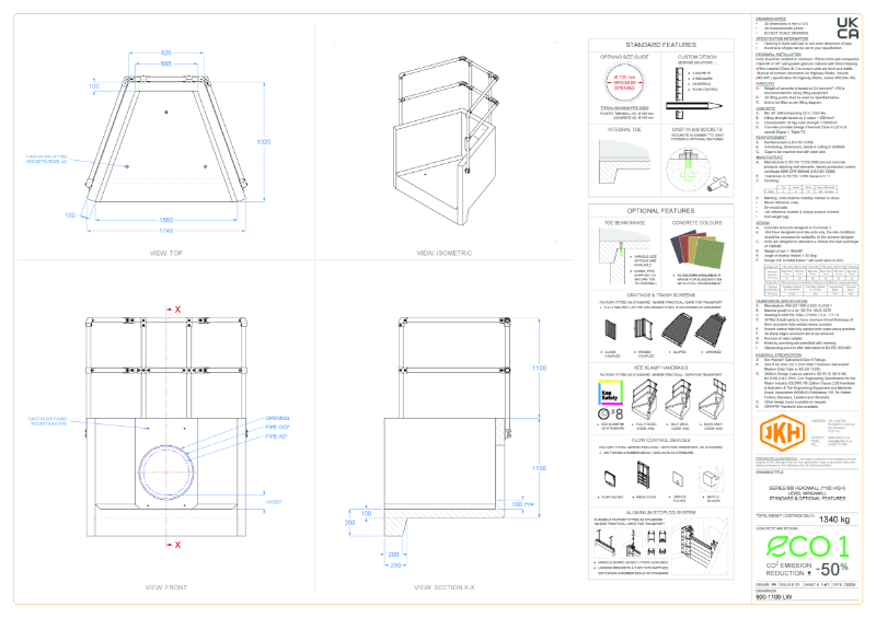 SERIES 600 HEADWALL (LEVEL WINGWALL, 1100mm HIGH)