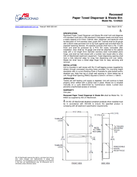 SIMPLICITY Combination Paper Towel Dispenser and Waste Bin Specification Sheet