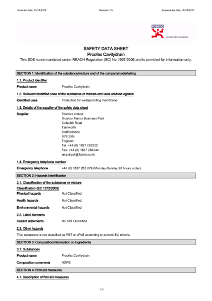 Fosroc Proofex Cavitydrain 200 Safety Data Sheet