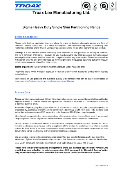 Sigma Heavy Duty Single Skin Partitioning Range