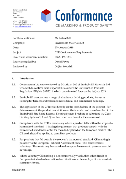 3rd Party Confirmation of CE Marking on aluminium decking