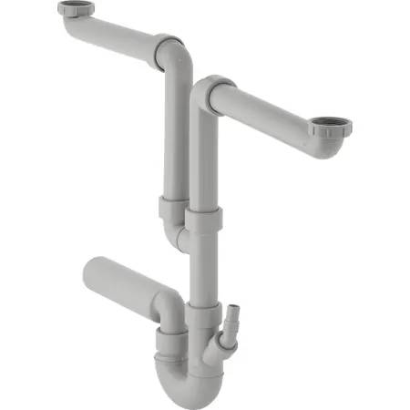 Geberit double-chamber trap for two kitchen sinks, with angled hose connector, horizontal outlet