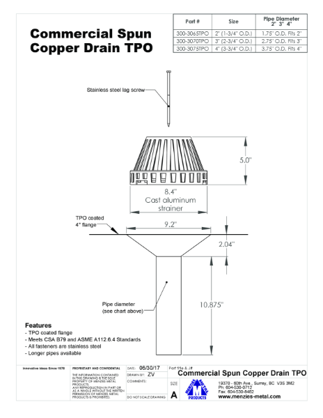 TECHNICAL DRAWING - COMMERCIAL SPUN COPPER DRAIN - TPO