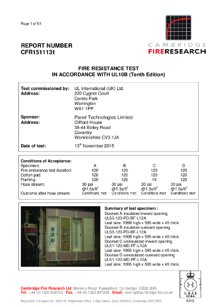 EX53 2 Hour Face  Fire Certificate 