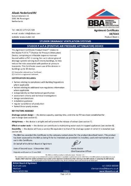 18/5543 - STUDOR P.A.P.A (Positive Air Pressure Attenuator) Device