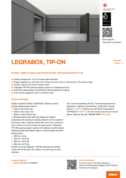 LEGRABOX TIP-ON N Height Specification Text