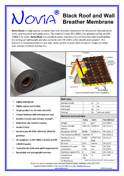 Novia Black Breather Membrane 115gsm