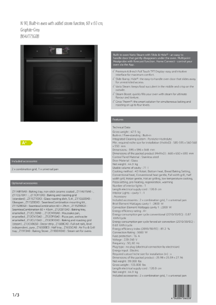 Single oven Slide and Hide door Graphite grey trim B64VT73G0B, Datasheet