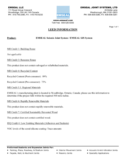 LEED Rating Emseal SJS Systems